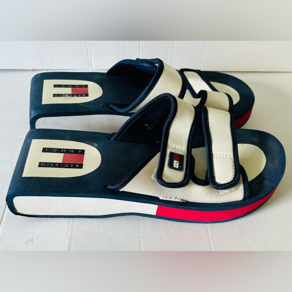 Tommy Hilfiger Sandals two adjustable Straps white Navy blue and Red logo US 9